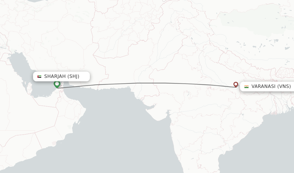 Flights from Sharjah to Varanasi route map