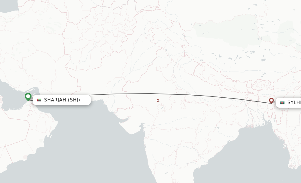 Flights from Sharjah to Sylhet route map