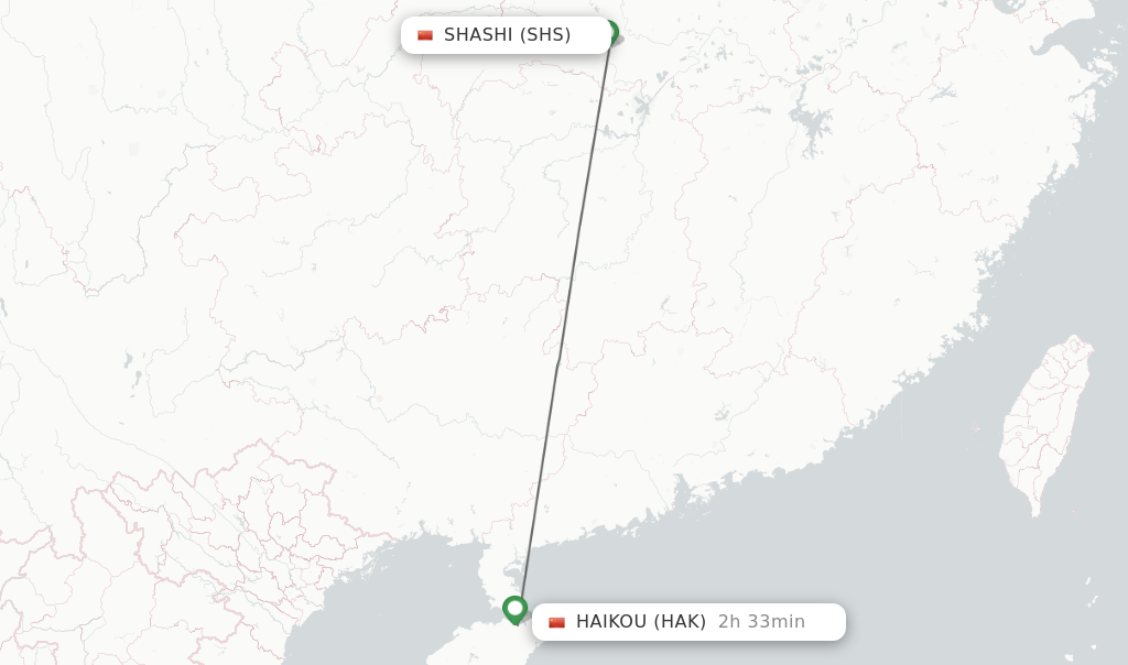 Flights from Shashi to Haikou route map
