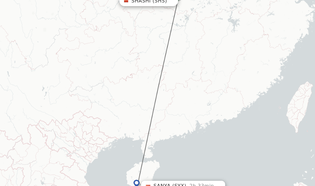 Flights from Shashi to Sanya route map