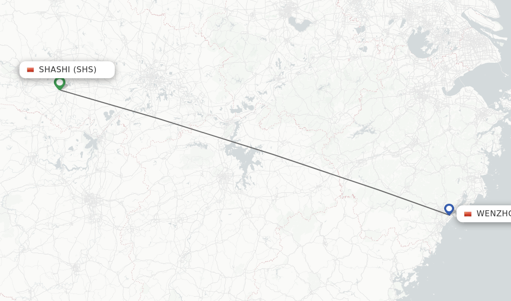 Flights from Wenzhou to Shashi route map