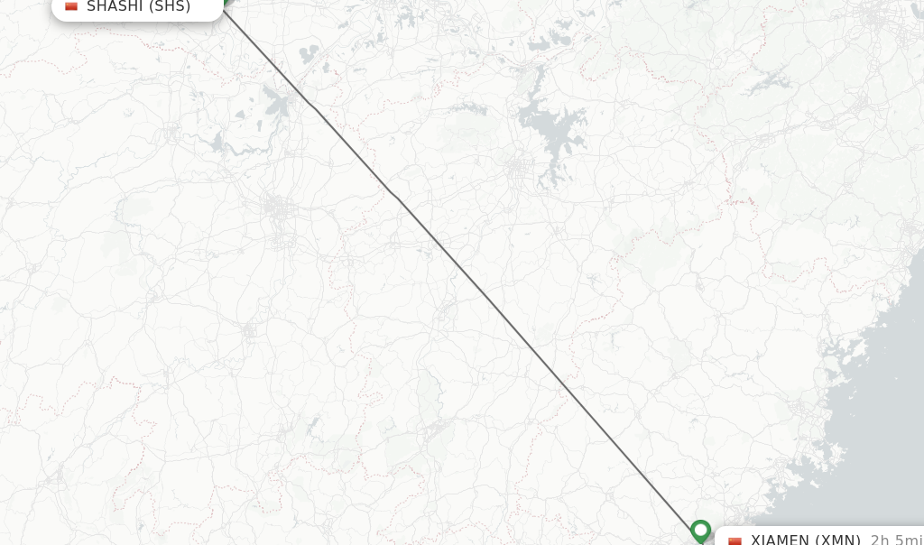 Flights from Shashi to Xiamen route map