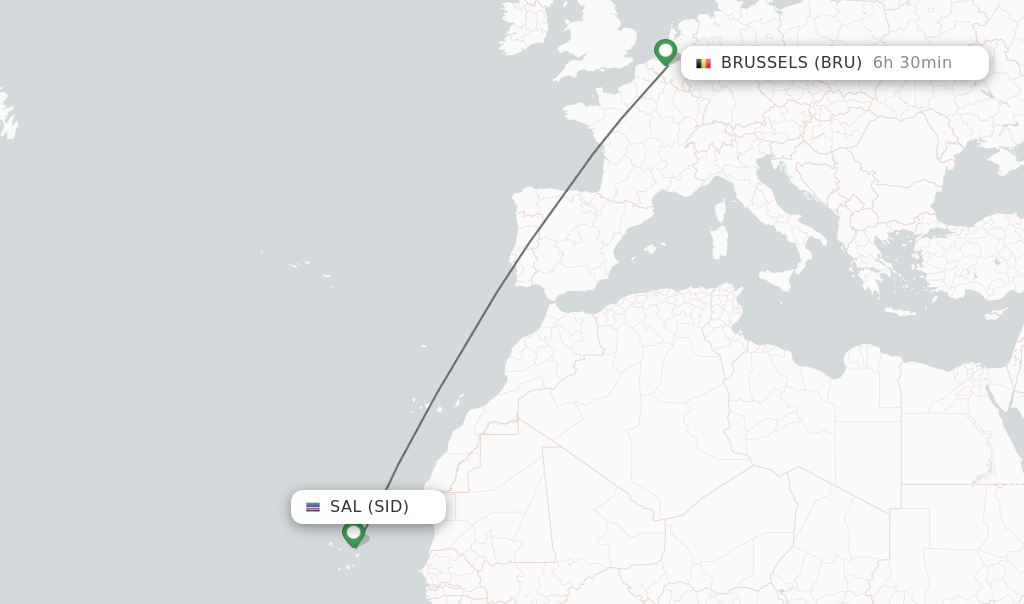 Flights from Sal to Brussels route map