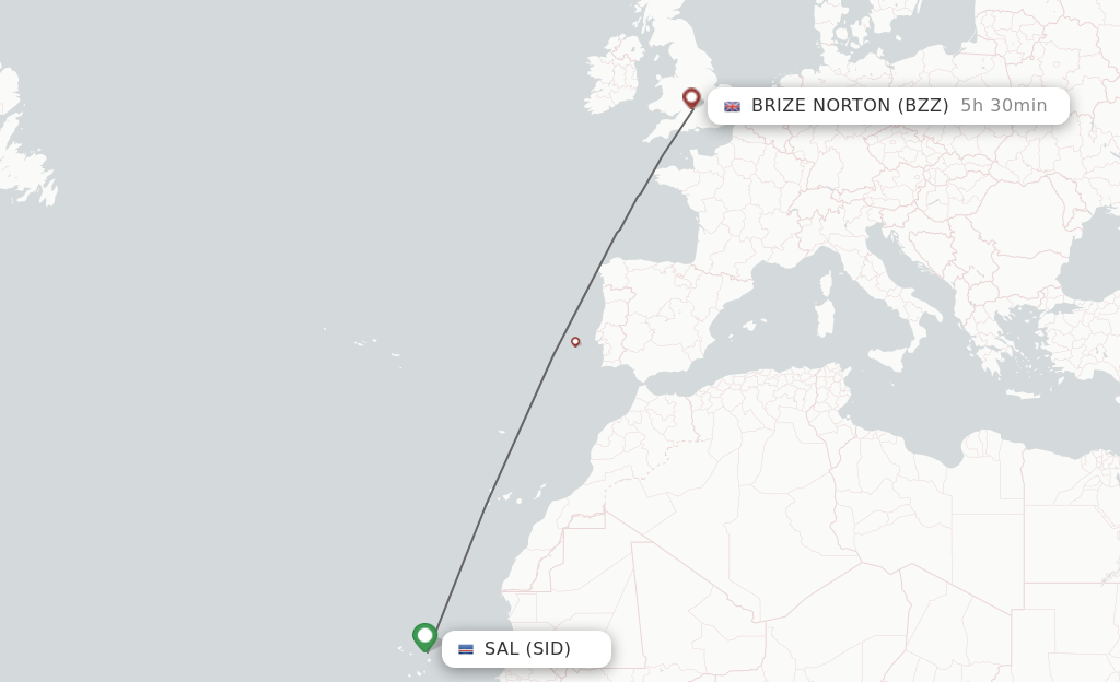 Flights from Brize Norton to Sal route map