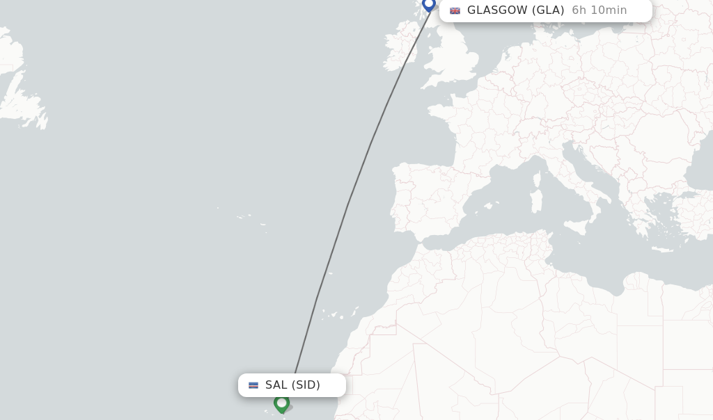 Flights from Sal to Glasgow route map