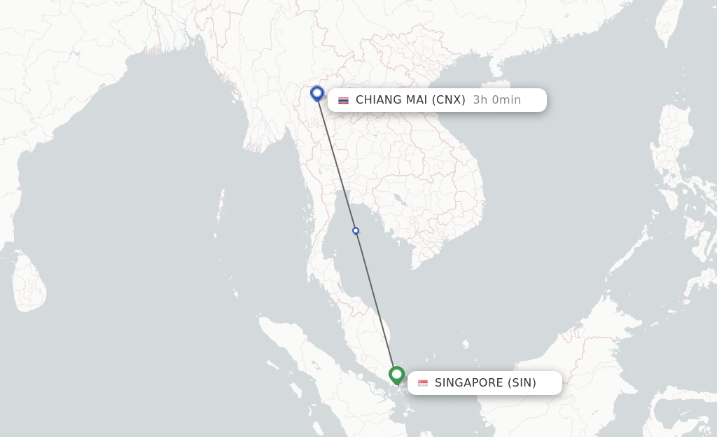 Flights from Singapore to Chiang Mai route map