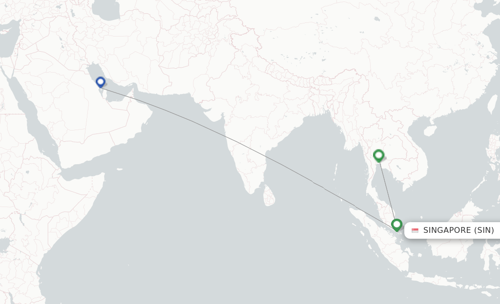 Route map with flights from Singapore with Gulf Air