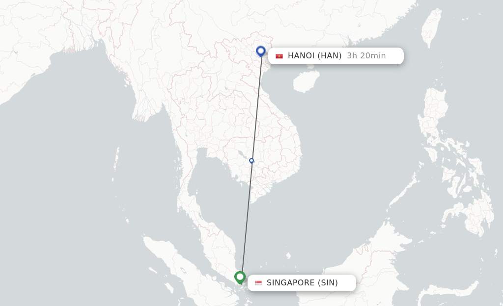 Flights from Singapore to Hanoi route map
