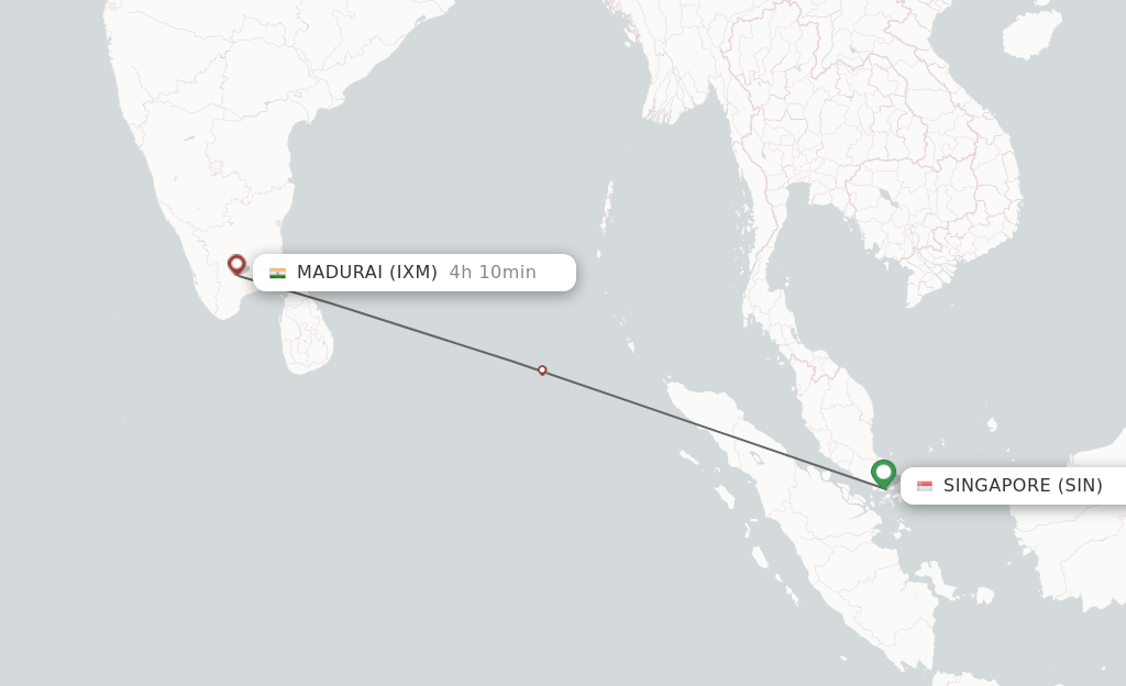 Flights from Singapore to Madurai route map
