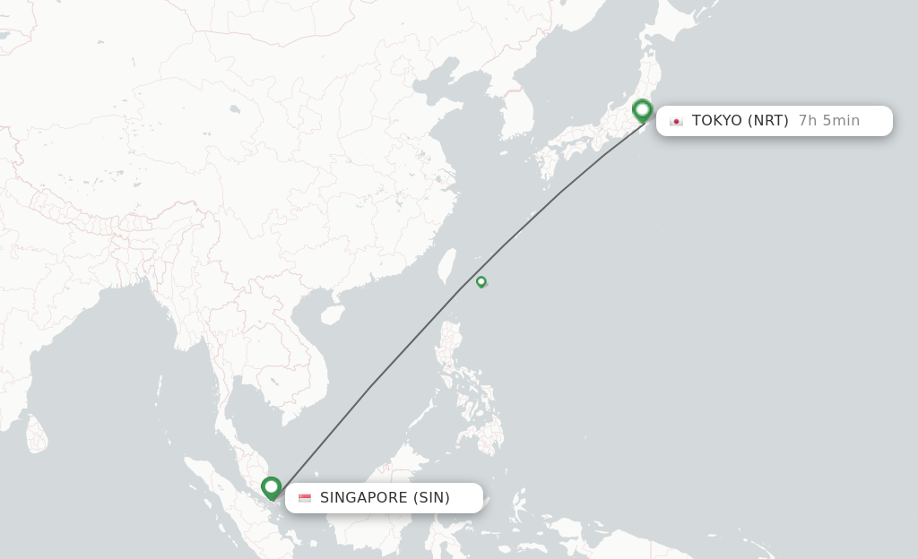 Flights from Singapore to Tokyo route map