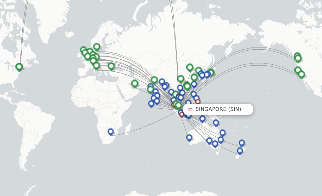 Route map with flights from Singapore with Singapore Airlines