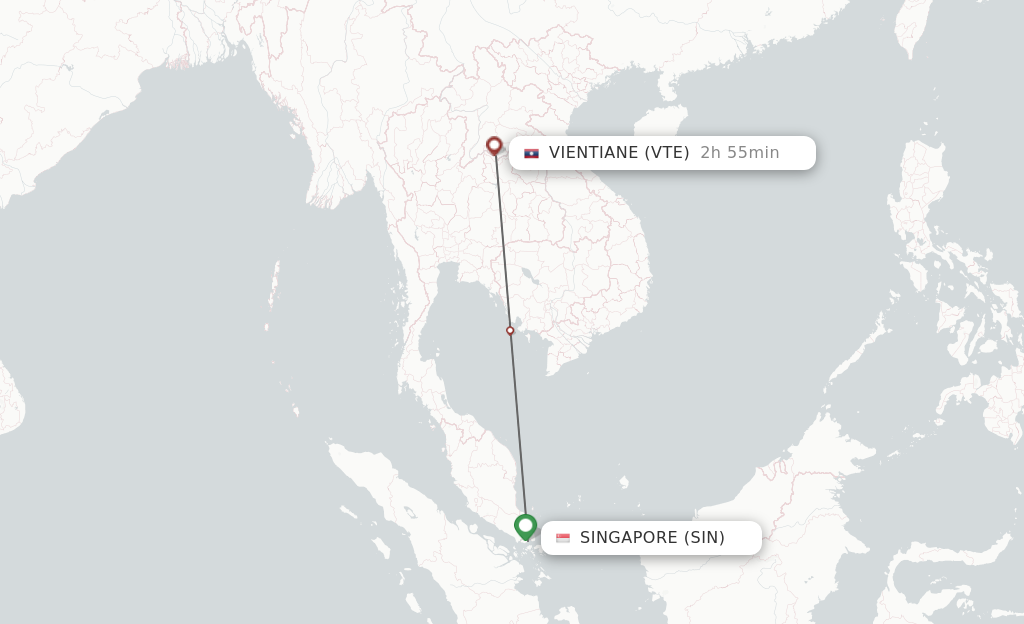 Flights from Singapore to Vientiane route map