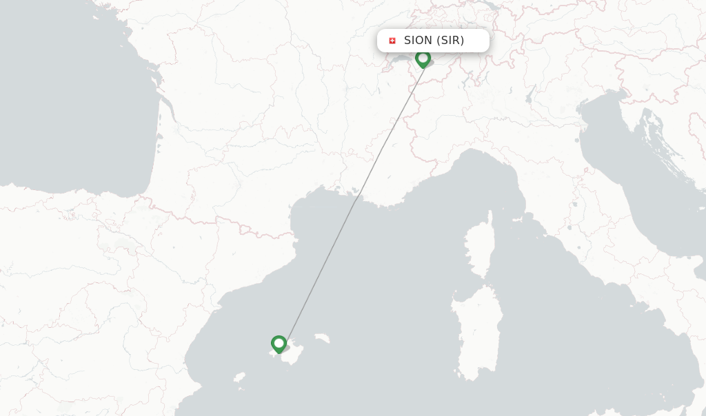 Route map with flights from Sion with Helvetic Airways