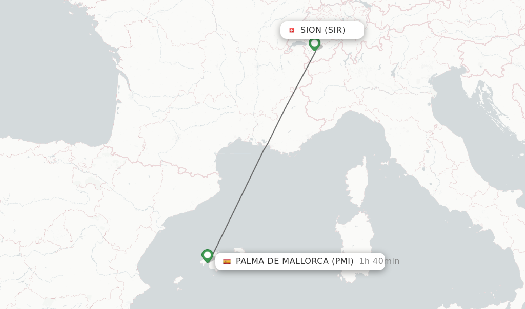 Flights from Sion to Palma de Mallorca route map