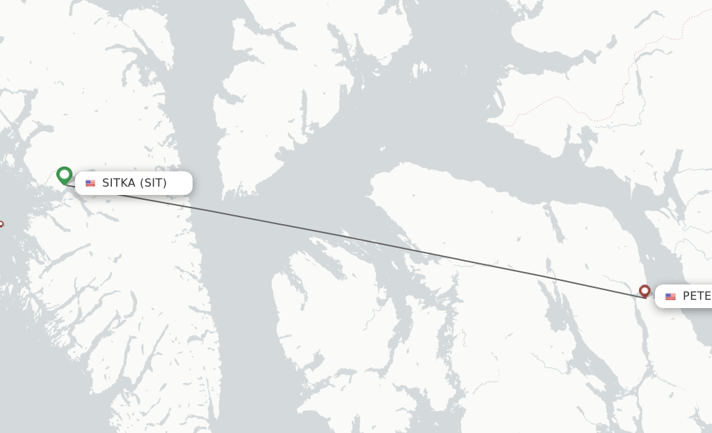 Flights from Sitka to Petersburg route map
