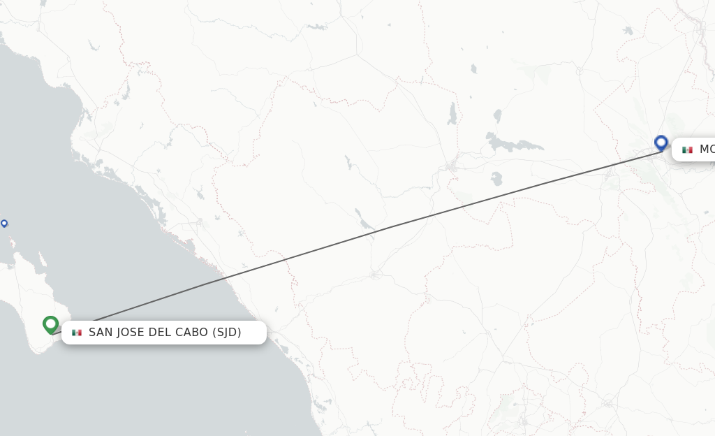 Flights from San Jose Cabo to Monterrey route map