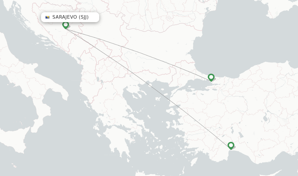 Route map with flights from Sarajevo with Pegasus
