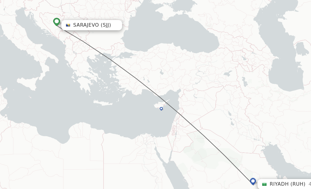 Flights from Sarajevo to Riyadh route map