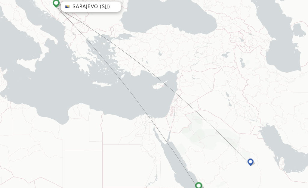 Route map with flights from Sarajevo with Flynas