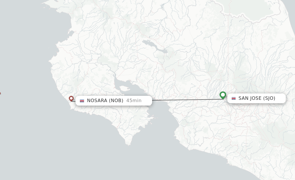 Flights from San Jose to Nosara Beach route map