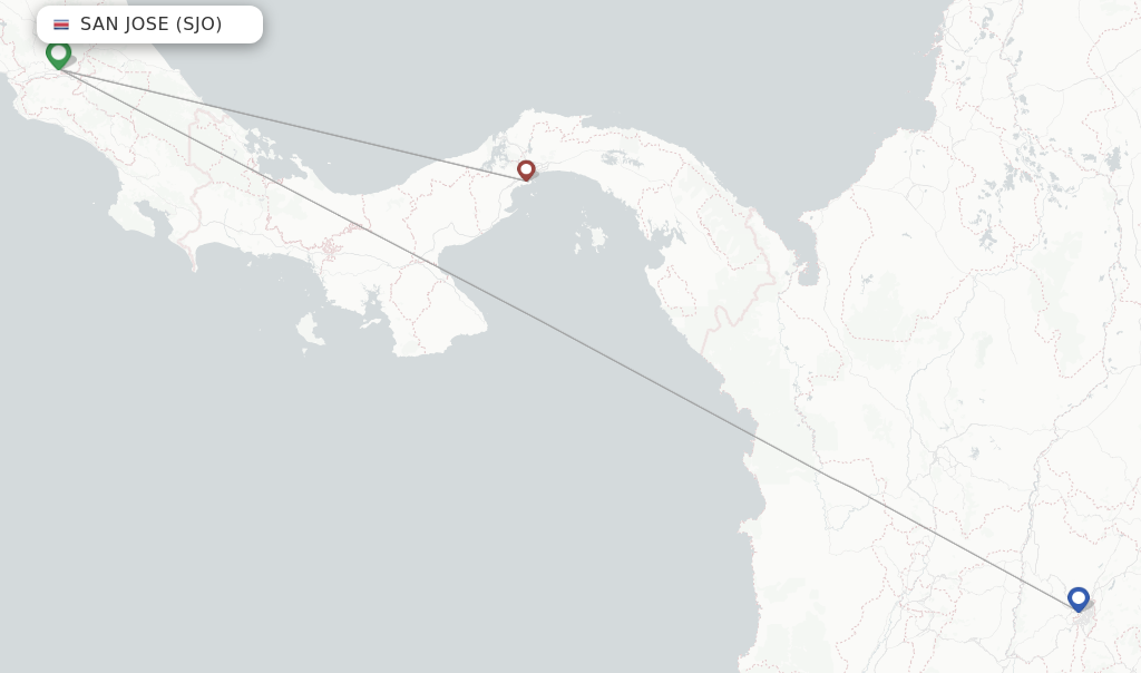 Route map with flights from San Jose with Wingo
