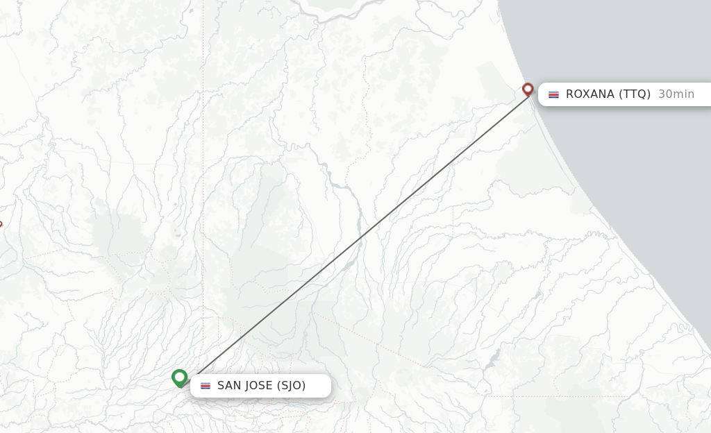Flights from San Jose to Tortuquero route map