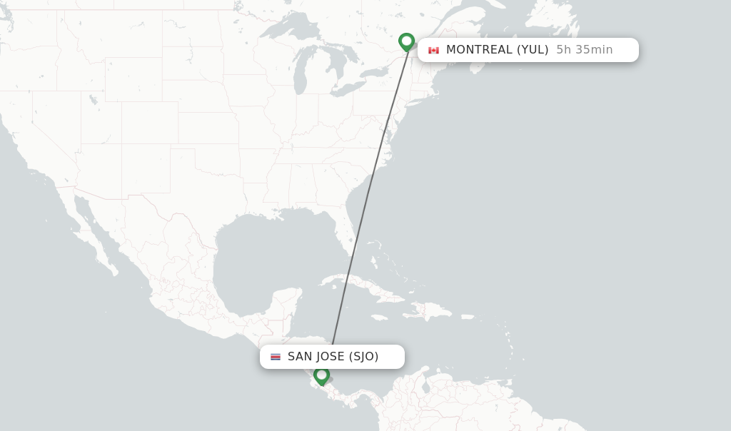 Flights from San Jose to Montreal route map