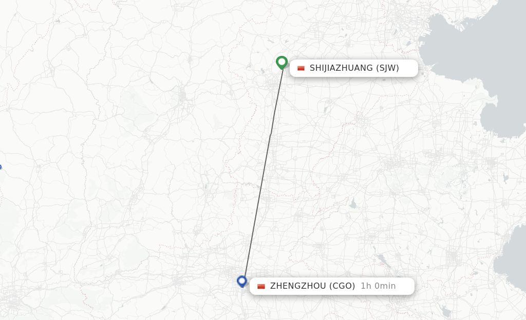 Flights from Shijiazhuang to Zhengzhou route map