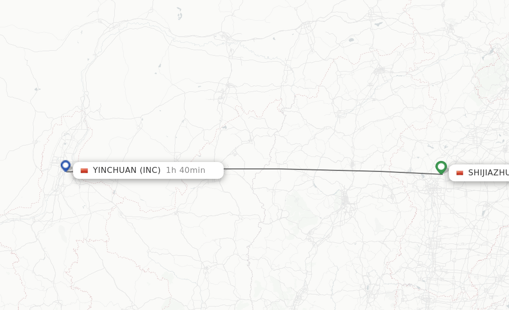 Flights from Shijiazhuang to Yinchuan route map