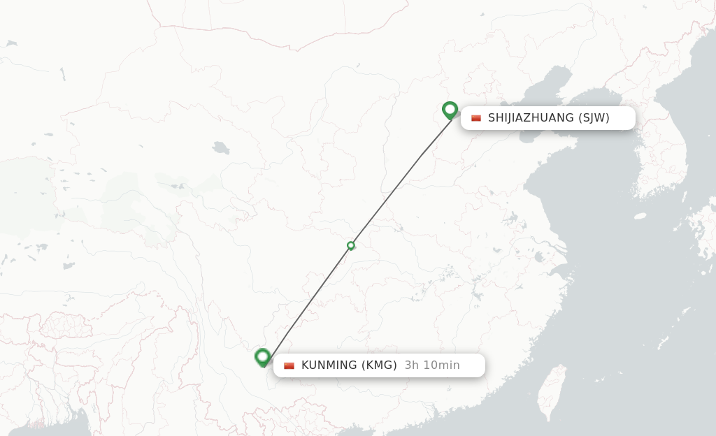 Flights from Shijiazhuang to Kunming route map