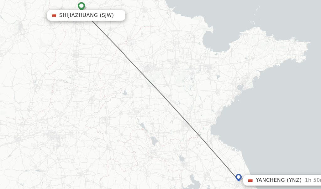 Flights from Shijiazhuang to Yancheng route map