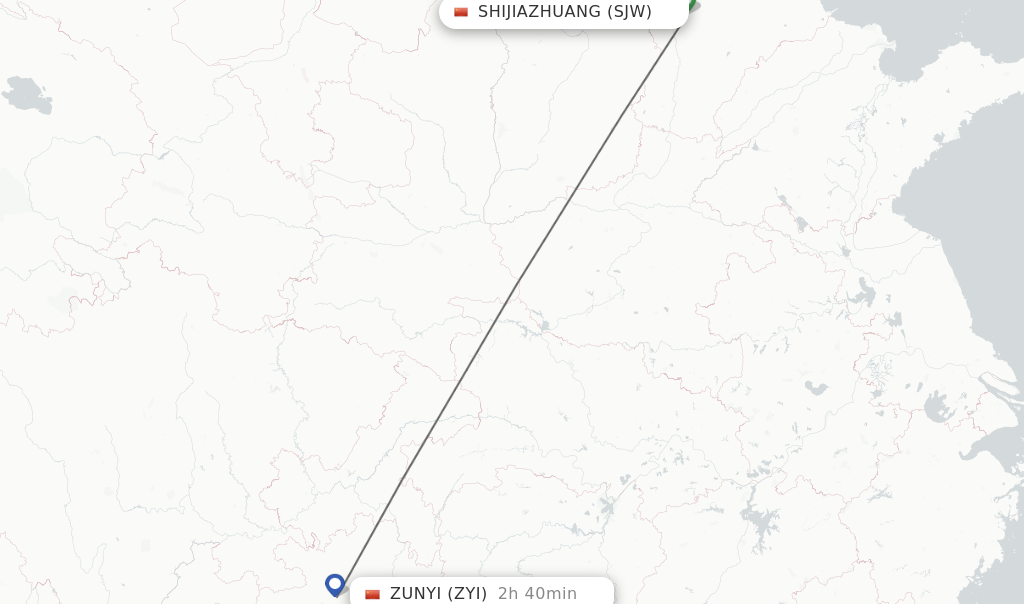 Flights from Shijiazhuang to Zunyi route map