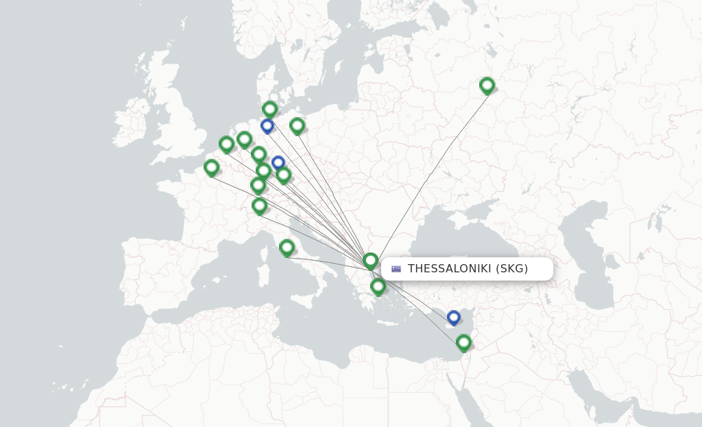 Route map with flights from Thessaloniki with Aegean Airlines