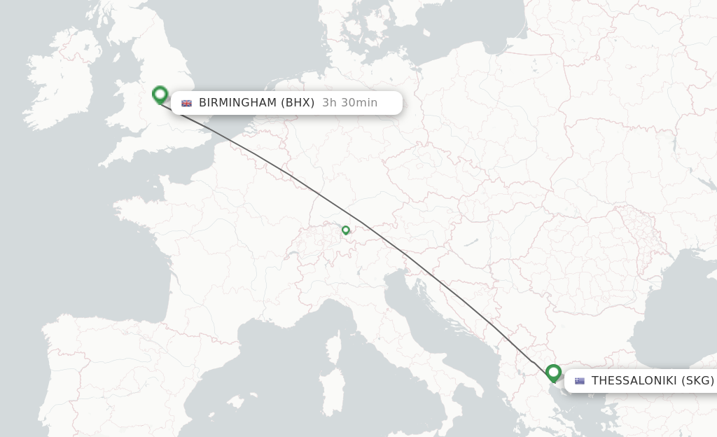 Flights from Thessaloniki to Birmingham route map