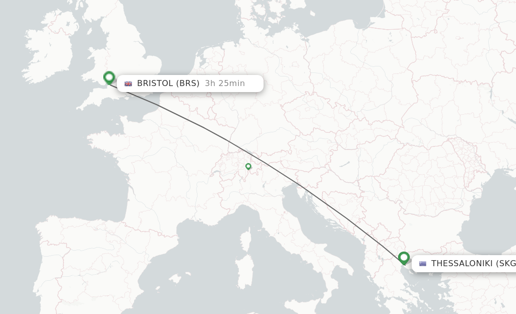 Flights from Thessaloniki to Bristol route map