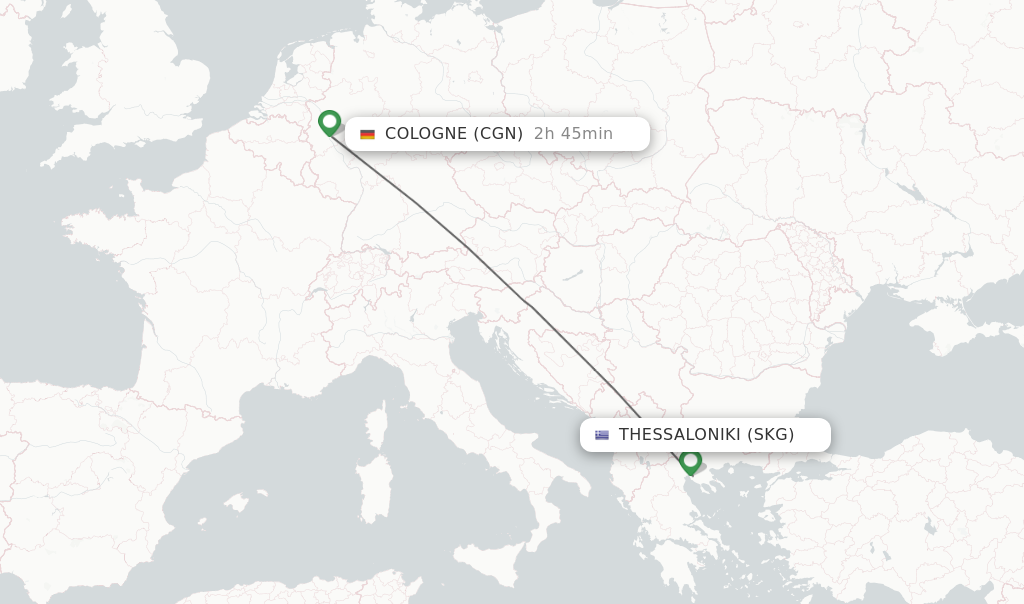 Flights from Thessaloniki to Cologne route map