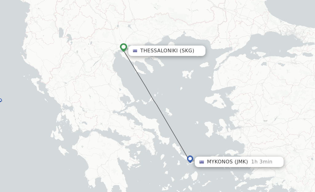 Flights from Thessaloniki to Mykonos route map