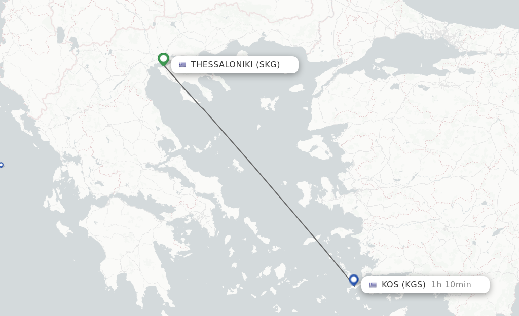 Flights from Thessaloniki to Kos route map