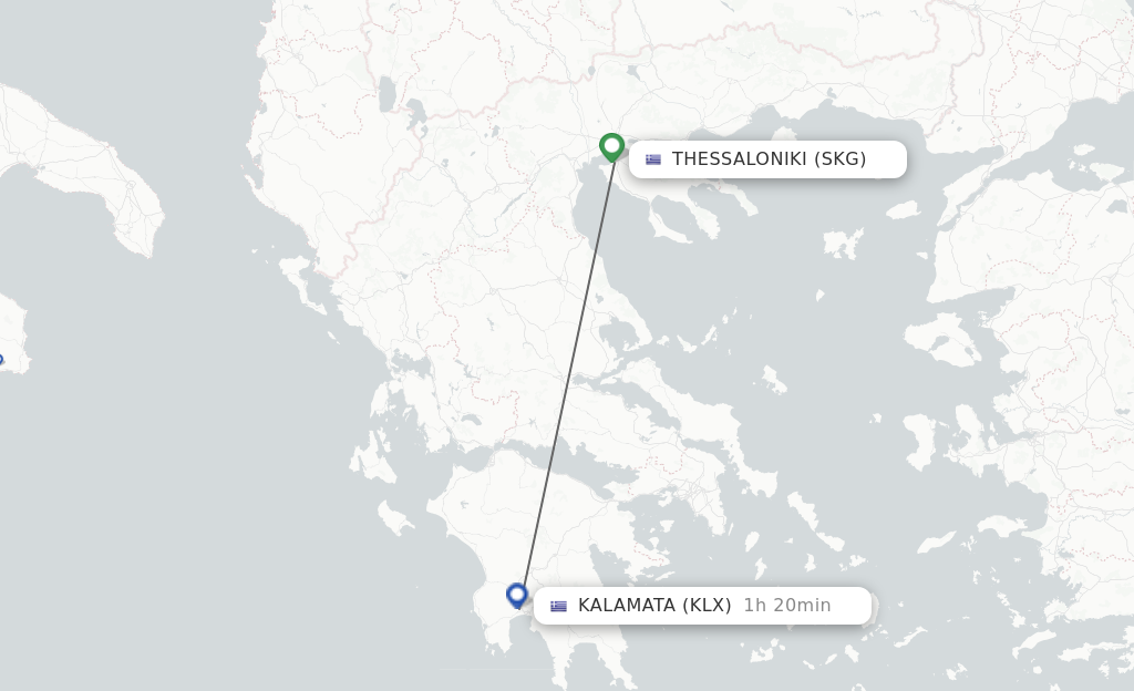 Flights from Thessaloniki to Kalamata route map