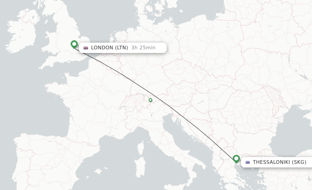 Flights from Thessaloniki to London route map