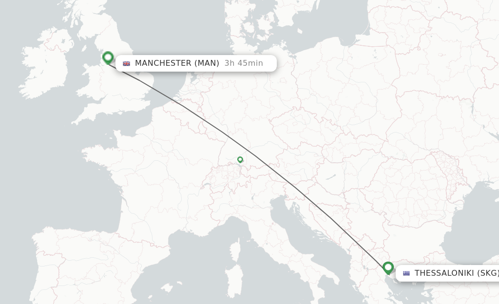 Flights from Thessaloniki to Manchester route map