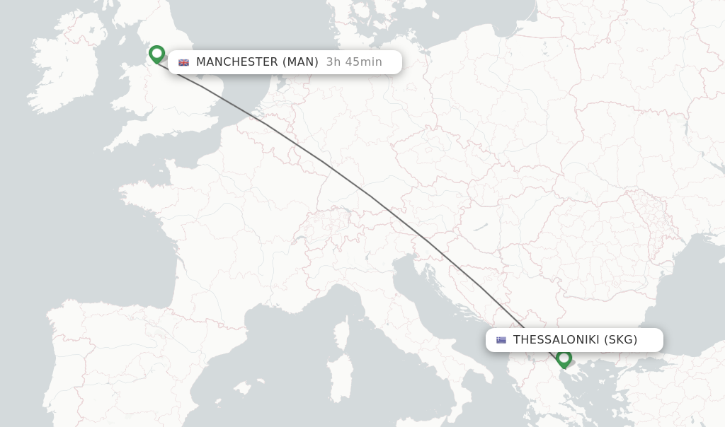 Flights from Thessaloniki to Manchester route map