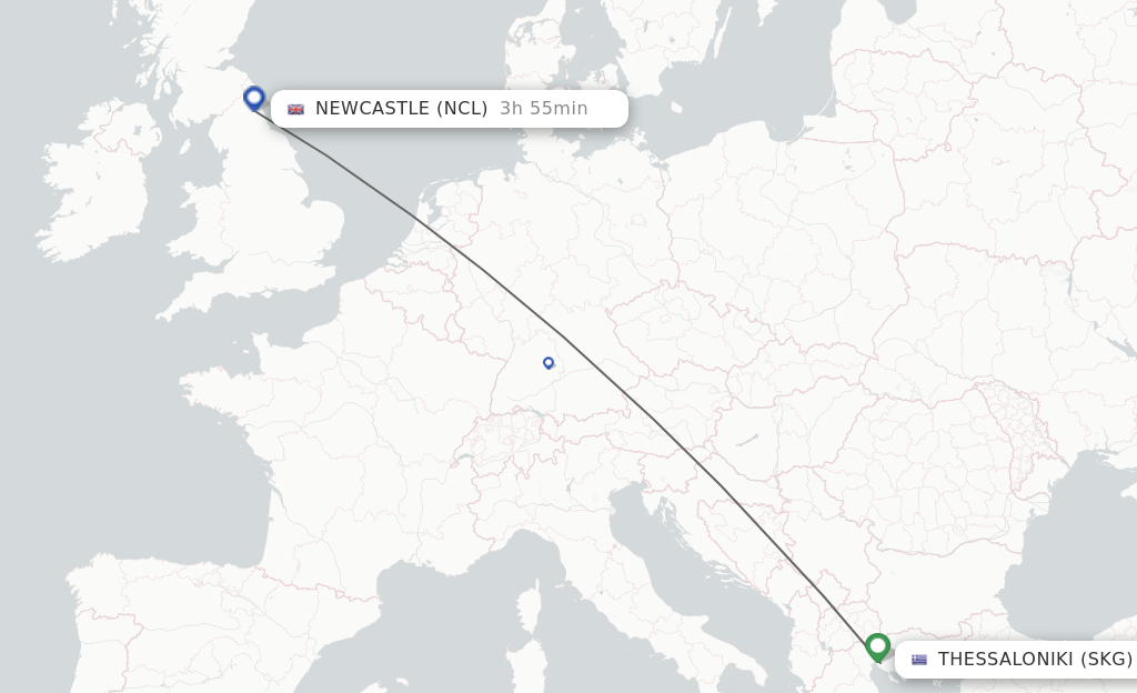 Flights from Thessaloniki to Newcastle route map