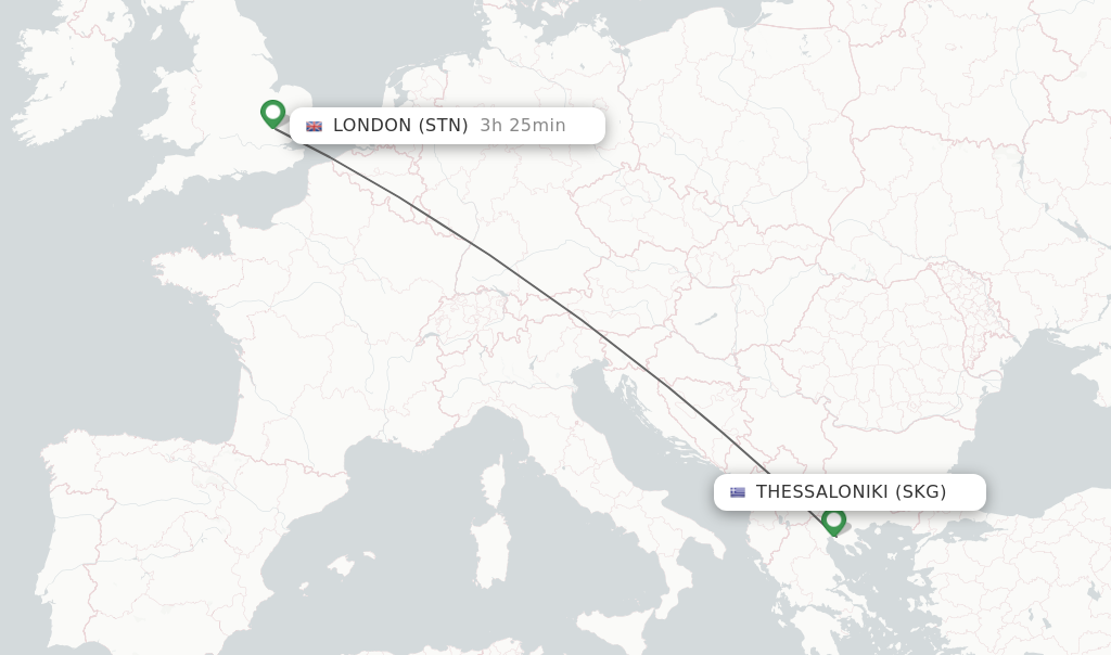 Flights from Thessaloniki to London route map