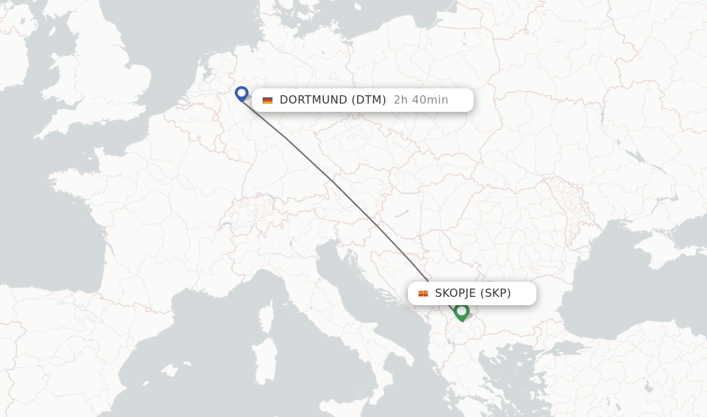 Flights from Skopje to Dortmund route map
