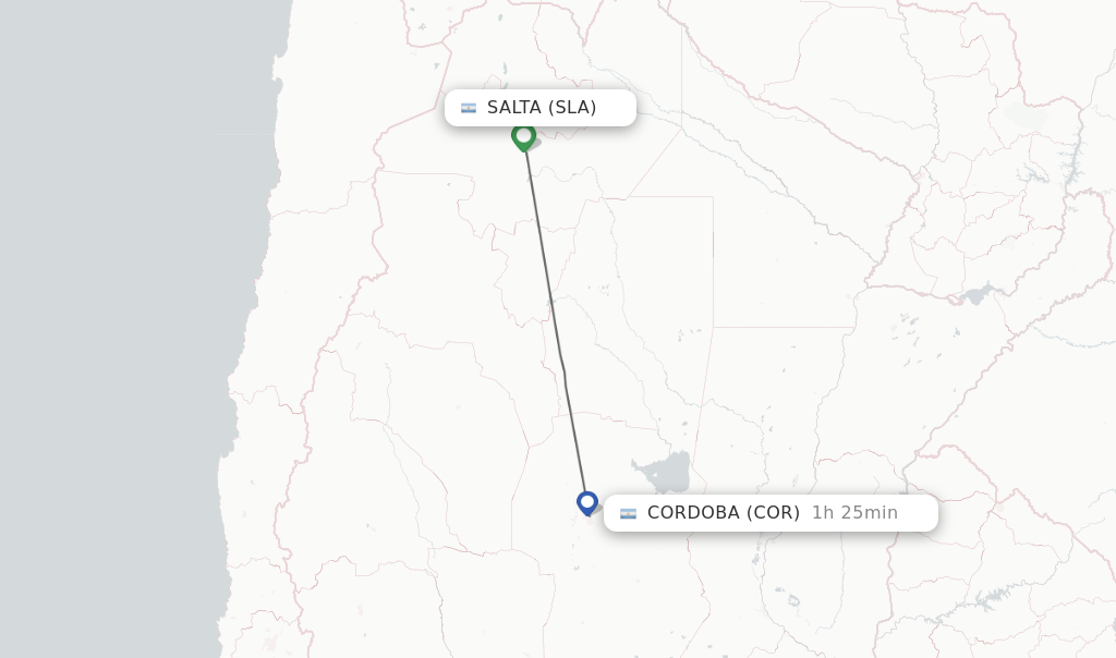 Flights from Salta to Cordoba route map