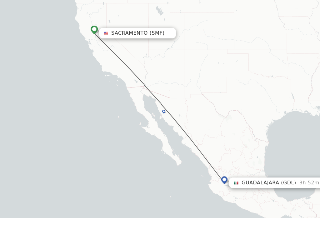 Flights from Sacramento to Guadalajara route map