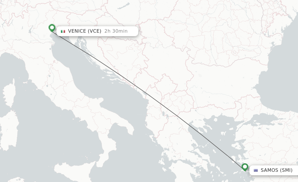 Flights from Samos to Venice route map
