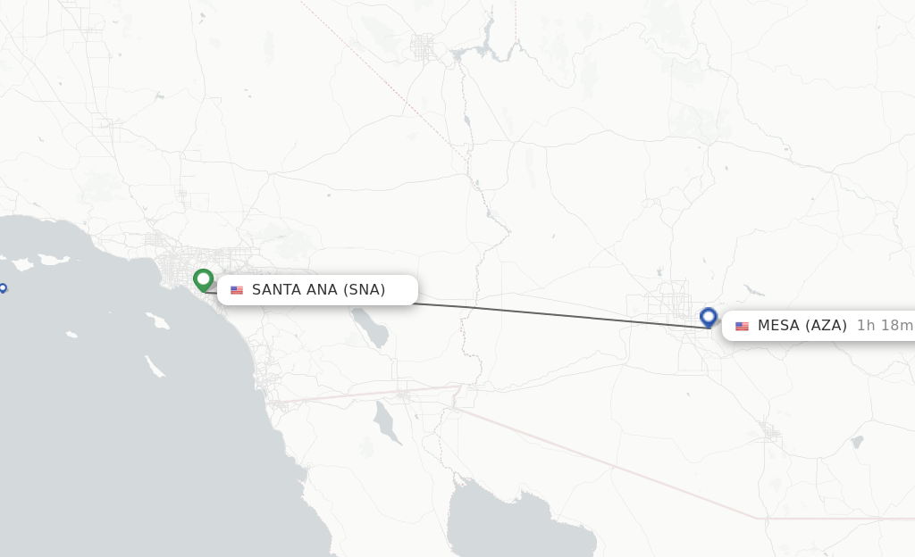 Flights from Santa Ana to Mesa route map