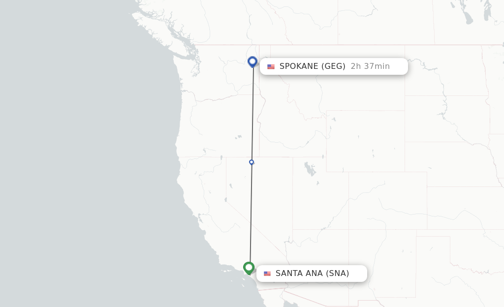 Flights from Santa Ana to Spokane route map